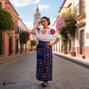 Traditional Mexican Floral Cambaya Dress Set – Handmade Three-Pieces